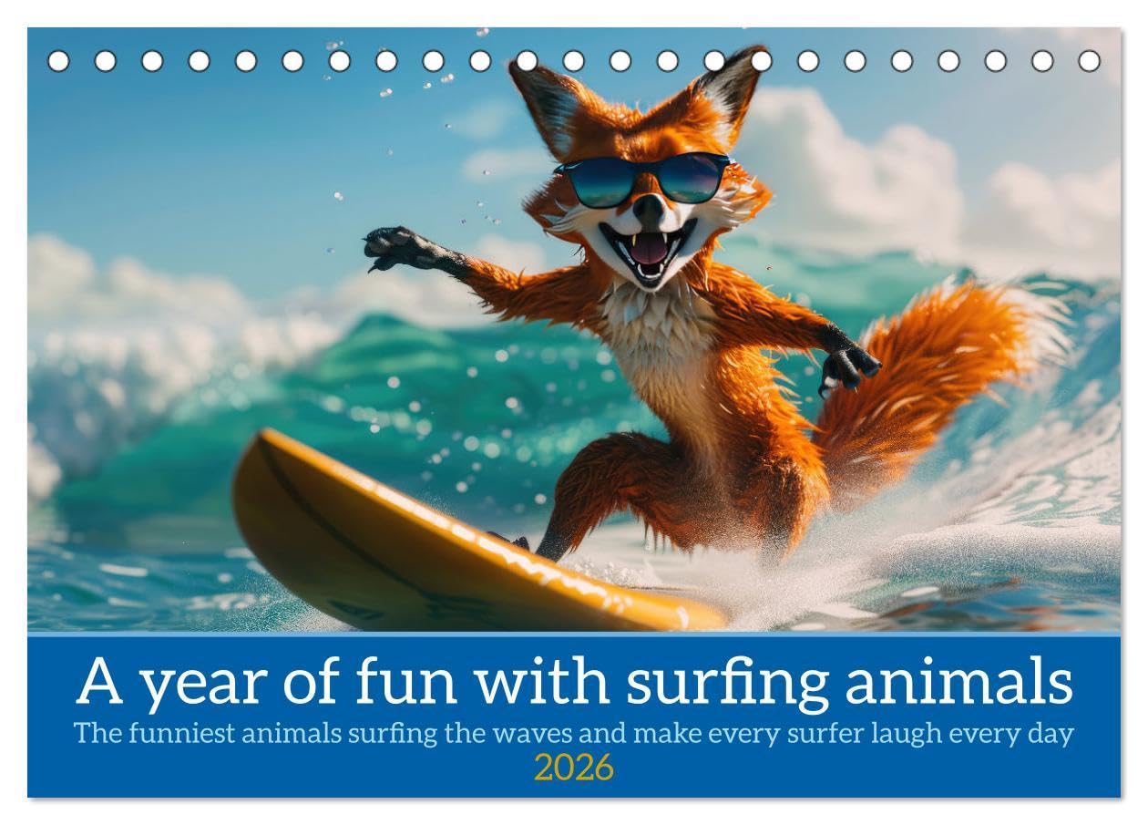 A year of fun with surfing animals (Desk Calendar 2026 DIN A5 landscape), CALVENDO 12 Month DeskCalendar: Funny animals in surfer style surf the ocean on a surfboard Books