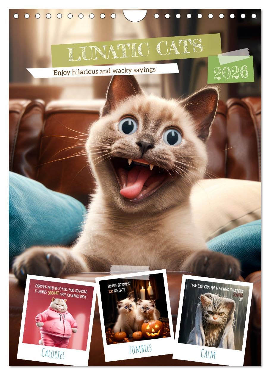 LUNATIC CATS Enjoy hilarious and wacky sayings (Wall Calendar 2026 DIN A4 portrait), CALVENDO 12 Month Wall Calendar: Ironic furry friends with amusing quips Natural Sciences