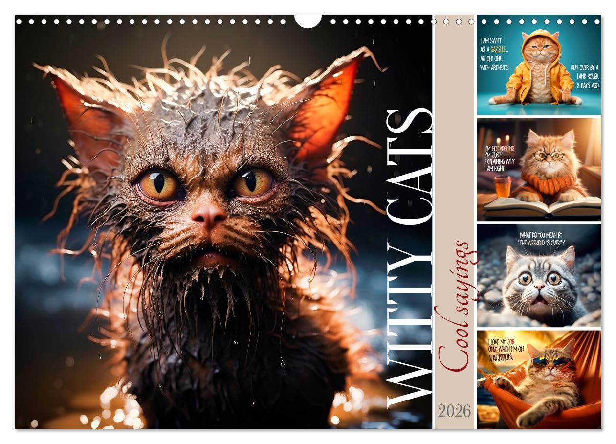 WITTY CATS Cool sayings (Wall Calendar 2026 DIN A3 landscape), CALVENDO 12 Month Wall Calendar: Cute furry friends with amusing quips Natural Sciences