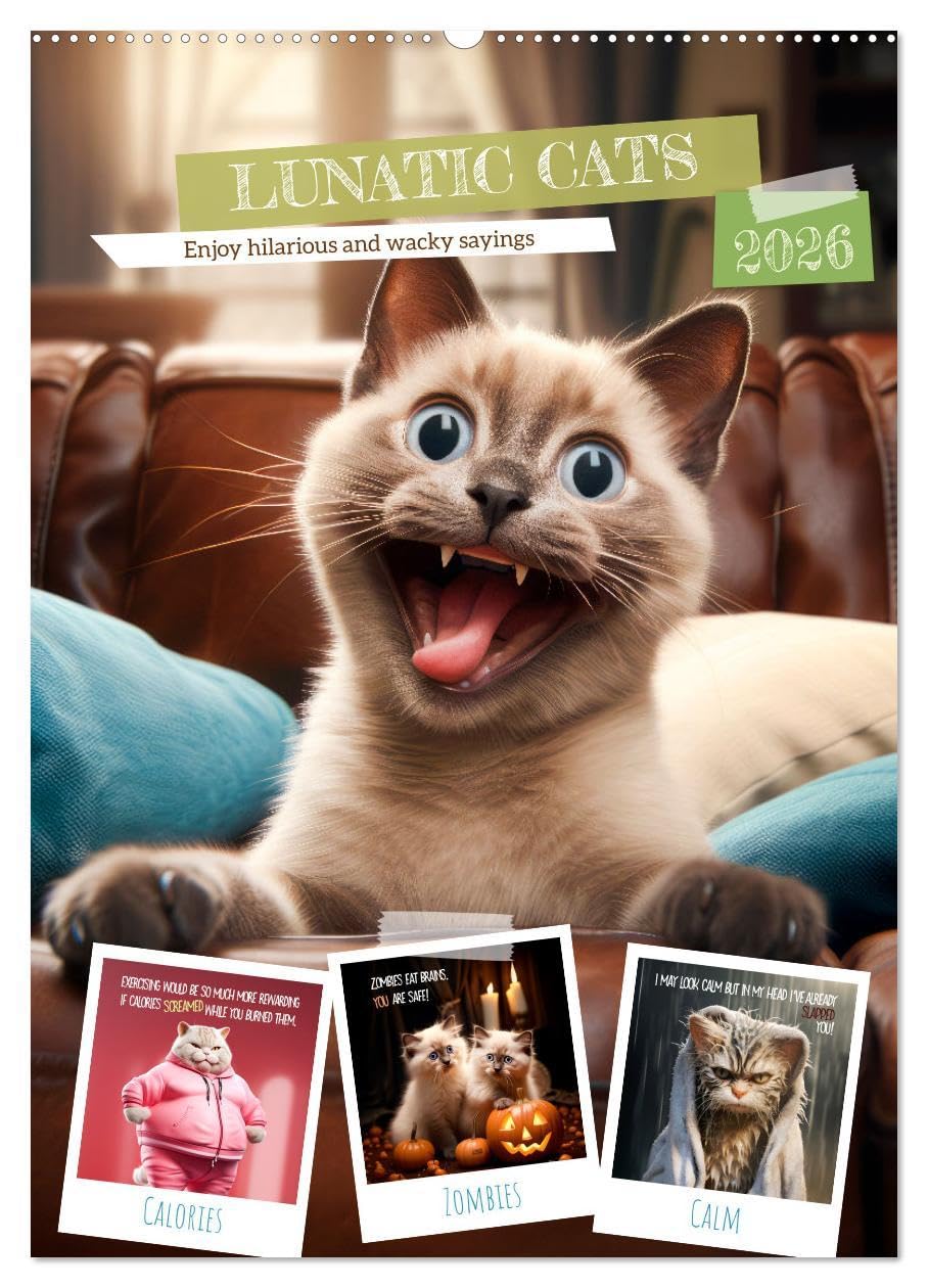 LUNATIC CATS Enjoy hilarious and wacky sayings (Wall Calendar 2026 DIN A2 portrait), CALVENDO 12 Month Wall Calendar: Ironic furry friends with amusing quips Natural Sciences