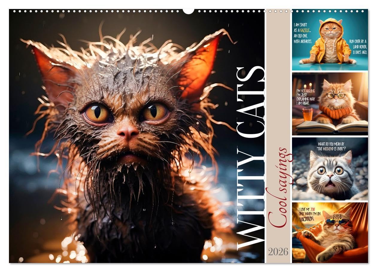WITTY CATS Cool sayings (Wall Calendar 2026 DIN A2 landscape), CALVENDO 12 Month Wall Calendar: Cute furry friends with amusing quips Natural Sciences