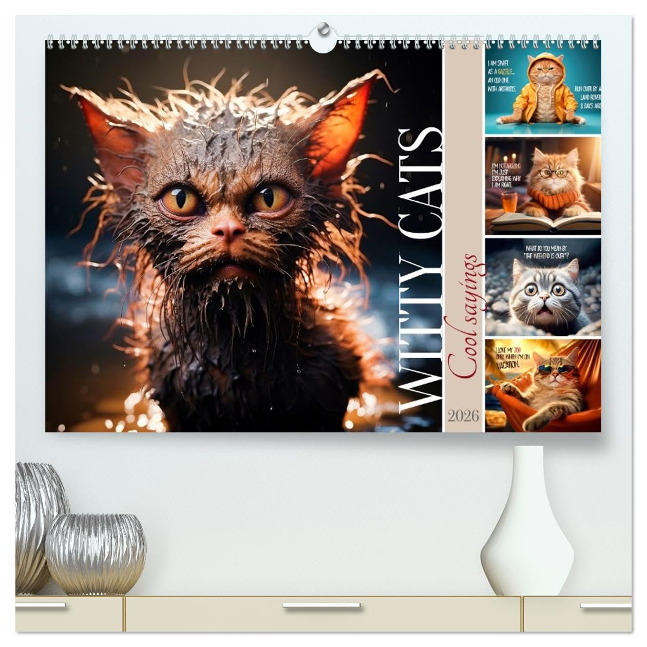 WITTY CATS Cool sayings (High Quality Premium Wall Calendar 2026 DIN A2 landscape),CALVENDO 12 Month Wall Calendar: Cute furry friends with amusing quips Natural Sciences
