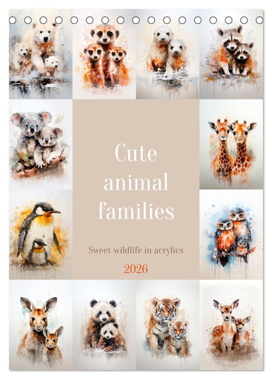 Cute animal families (Desk Calendar 2026 DIN A5 portrait), CALVENDO 12 Month DeskCalendar: Sweet wildlife in acrylics Natural Sciences