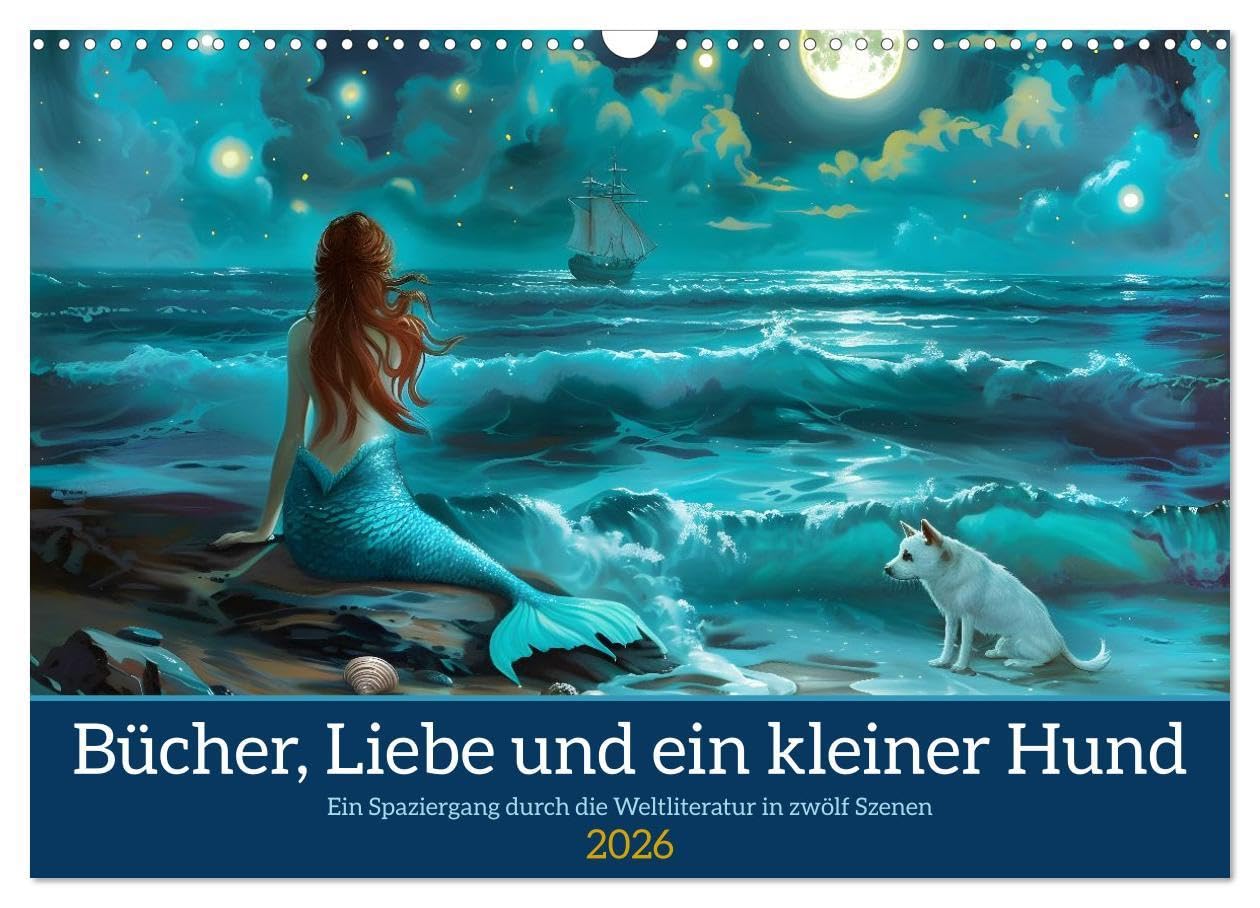 Bücher, Liebe und ein kleiner Hund (Wandkalender 2026 DIN A3 quer), CALVENDO Monatskalender: Ein Spaziergang durch die Weltliteratur in zwölf Szenen (CALVENDO Kunst) Social Sciences