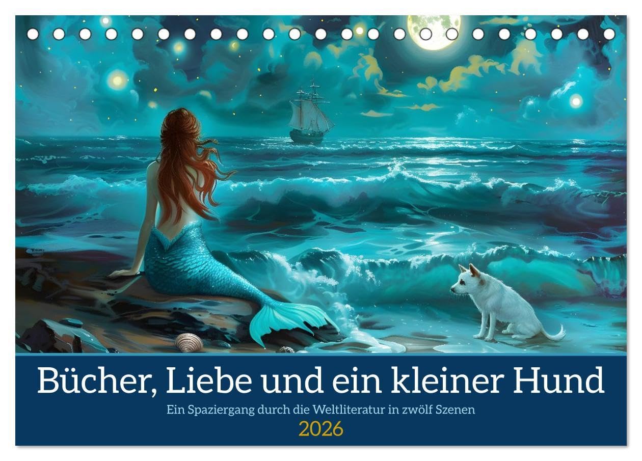 Bücher, Liebe und ein kleiner Hund (Tischkalender 2026 DIN A5 quer), CALVENDO Monatskalender: Ein Spaziergang durch die Weltliteratur in zwölf Szenen (CALVENDO Kunst) Social Sciences
