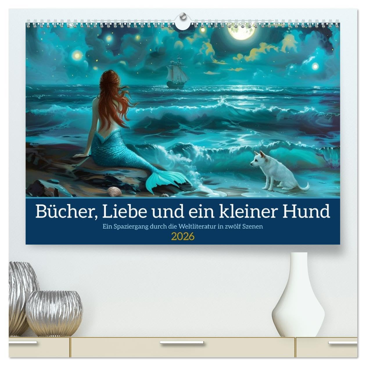 Bücher, Liebe und ein kleiner Hund (hochwertiger Premium Wandkalender 2026 DIN A2 quer), Kunstdruck in Hochglanz: Ein Spaziergang durch die Weltliteratur in zwölf Szenen (CALVENDO Kunst) Social Sciences