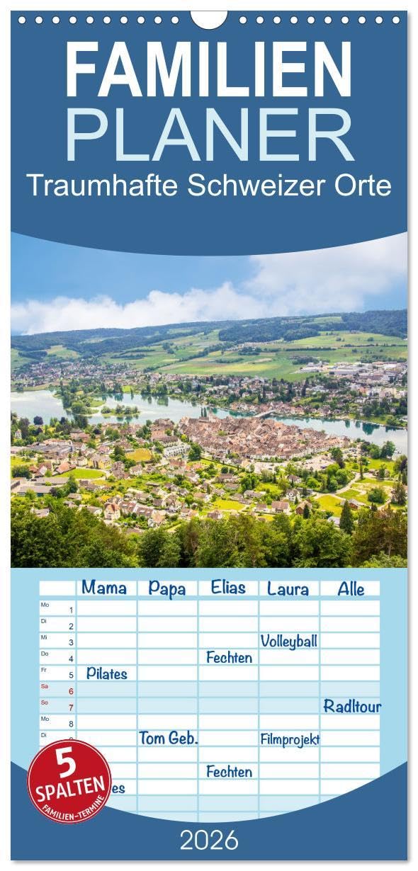 Familienplaner 2026 - Traumhafte Schweizer Orte mit 5 Spalten (Wandkalender, 21 x 45 cm) CALVENDO: Wunderschöne Impressionen der Schweizer Orte (CALVENDO Orte) Social Sciences