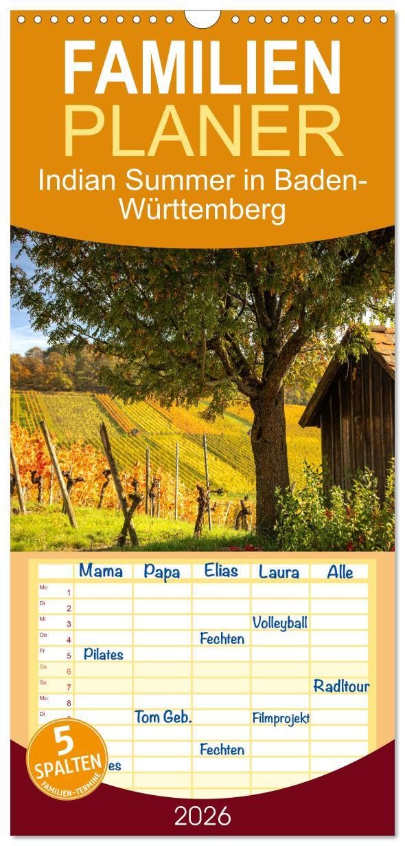 Familienplaner 2026 - Indian Summer in Baden-Württemberg mit 5 Spalten (Wandkalender, 21 x 45 cm) CALVENDO: Herbstlich gefärbte Weinberge im Schwäbischen (CALVENDO Natur) Photography