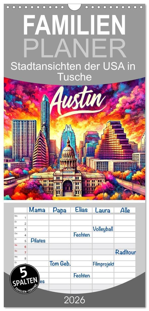Familienplaner 2026 - Stadtansichten der USA in Tusche mit 5 Spalten (Wandkalender, 21 x 45 cm) CALVENDO: Von New York bis San Francisco – Ikonische Skylines in Farbe (CALVENDO Orte) Leisure, Home & Garden