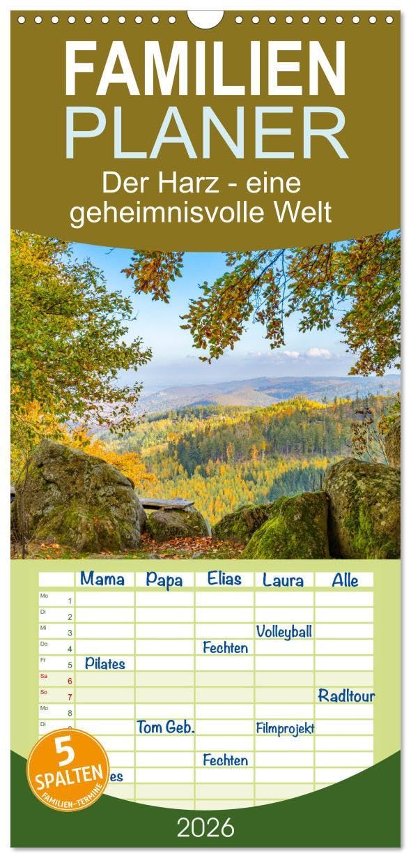 Familienplaner 2026 - Der Harz - eine geheimnisvolle Welt mit 5 Spalten (Wandkalender, 21 x 45 cm) CALVENDO: Der Harz ist voller Mythen, Legenden, Geschichte und Naturschönheiten. (CALVENDO Natur) Photography