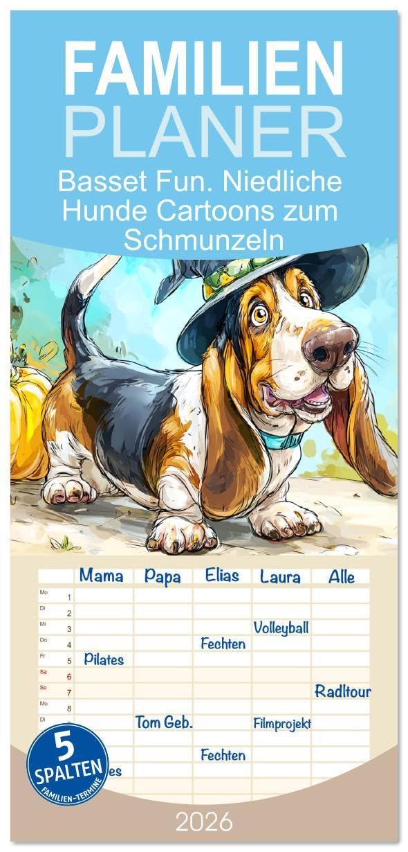 Familienplaner 2026 - Basset Fun. Niedliche Hunde Cartoons zum Schmunzeln mit 5 Spalten (Wandkalender, 21 x 45 cm) CALVENDO: Liebliche Cartoons von zauberhaften Hunden (CALVENDO Tiere) Film, Art & Culture