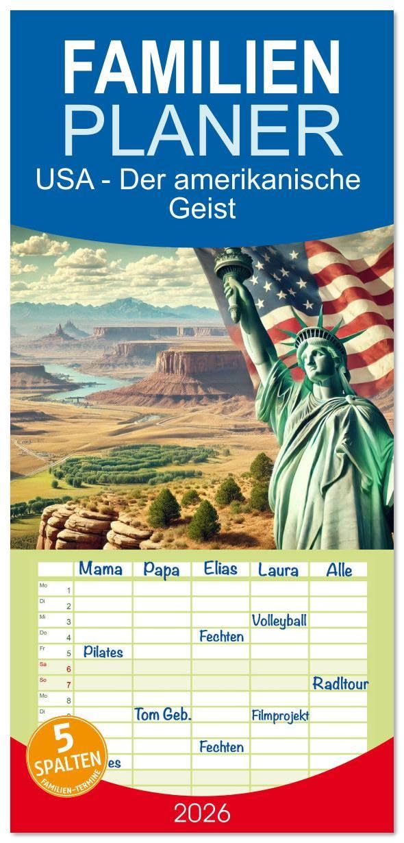 Familienplaner 2026 - USA - Der amerikanische Geist mit 5 Spalten (Wandkalender, 21 x 45 cm) CALVENDO: Erleben Sie den Geist Amerikas. (CALVENDO Orte) Leisure, Home & Garden