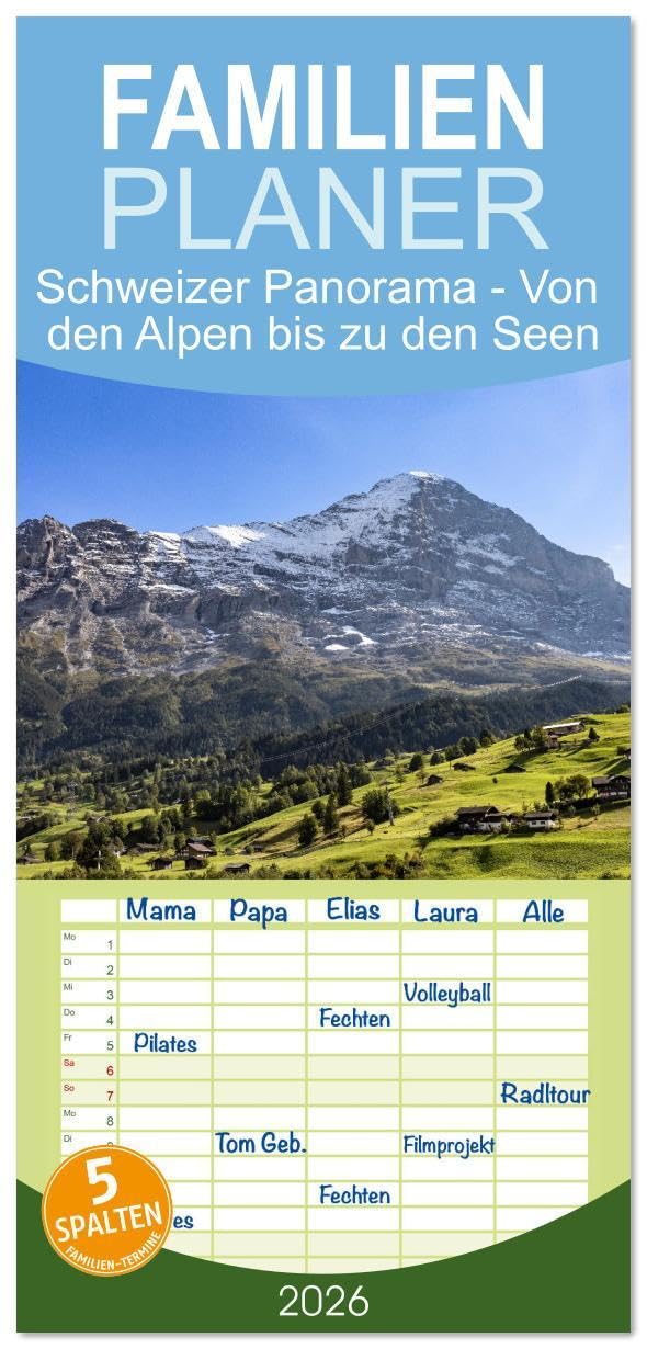 Familienplaner 2026 - Schweizer Panorama - Von den Alpen bis zu den Seen mit 5 Spalten (Wandkalender, 21 x 45 cm) CALVENDO: Atemberaubende Ansichten ... Alpen bis zu idyllischen Seen (CALVENDO Orte) Leisure, Home & Garden