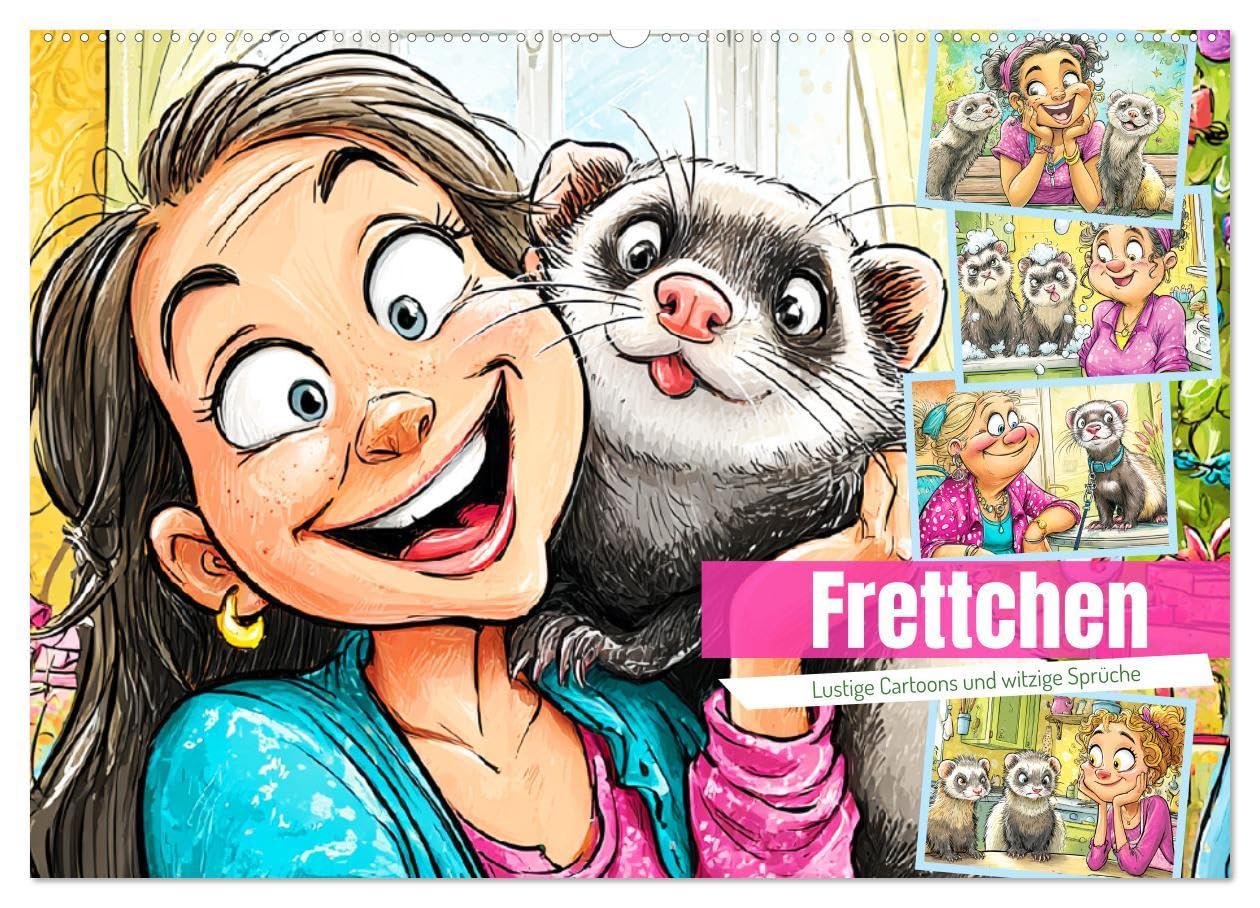 Frettchen. Lustige Cartoons und witzige Sprüche (Wandkalender 2026 DIN A2 quer), CALVENDO Monatskalender: Lustige Cartoons über das verrückte Leben ... flauschig, fantastisch! (CALVENDO Tiere) Film, Art & Culture