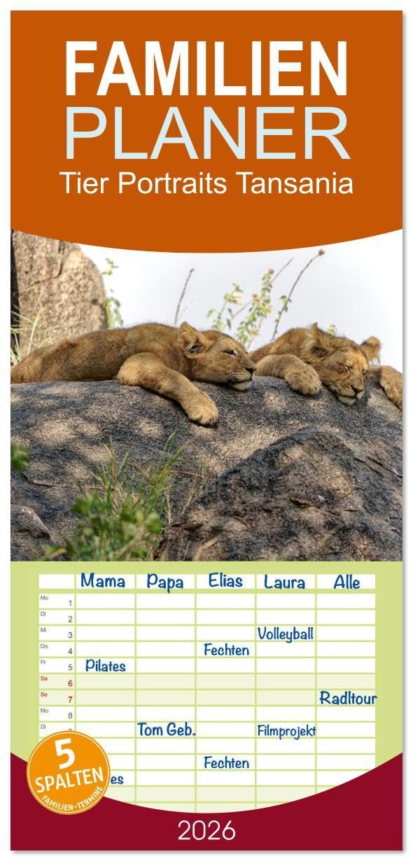 Familienplaner 2026 - Tier Portraits Tansania mit 5 Spalten (Wandkalender, 21 x 45 cm) CALVENDO: Die Schönheit und Einzigartigkeit der Tierwelt ... in ausdrucksstarken Bildern (CALVENDO Tiere) Natural Sciences
