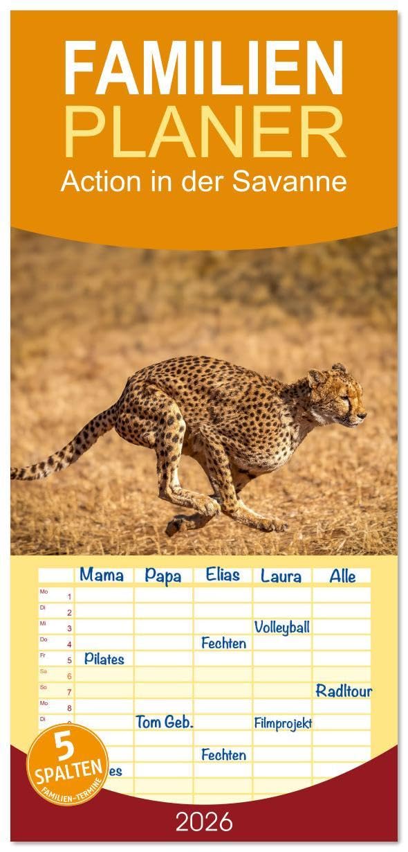 Familienplaner 2026 - Action in der Savanne mit 5 Spalten (Wandkalender, 21 x 45 cm) CALVENDO: Afrikas Tiere in voller Aktion (CALVENDO Tiere) Natural Sciences