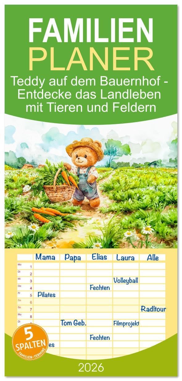 Familienplaner 2026 - Teddy auf dem Bauernhof - Entdecke das Landleben mit Tieren und Feldern mit 5 Spalten (Wandkalender, 21 x 45 cm) CALVENDO: ... für kleine Entdecker (CALVENDO Spass) Social Sciences