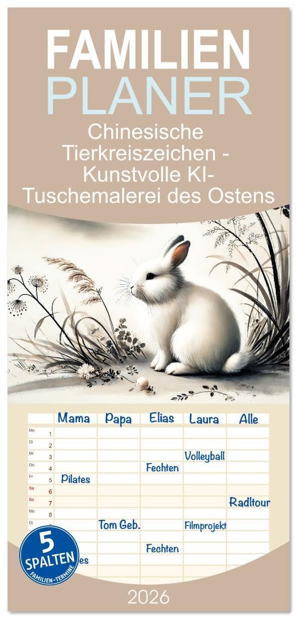 Familienplaner 2026 - Chinesische Tierkreiszeichen - Kunstvolle KI-Tuschemalerei des Ostens mit 5 Spalten (Wandkalender, 21 x 45 cm) CALVENDO: Tauchen ... meisterhafter Tuschekunst. (CALVENDO Kunst) Social Sciences
