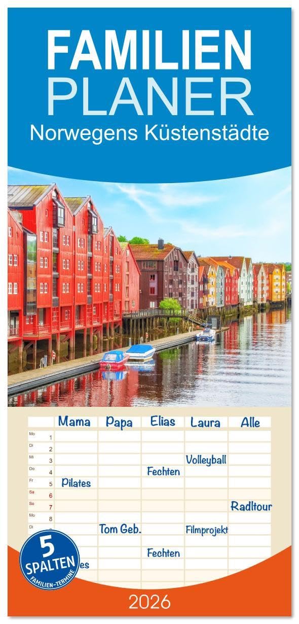 Familienplaner 2026 - Norwegens Küstenstädte mit 5 Spalten (Wandkalender, 21 x 45 cm) CALVENDO: Die Städte an den Fjorden: Honningsvåg, Tromsø, Trondheim, Ålesund (CALVENDO Orte) Social Sciences
