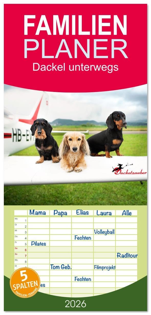 Familienplaner 2026 - Dackel unterwegs mit 5 Spalten (Wandkalender, 21 x 45 cm) CALVENDO: Dackel auf Reisen zu Lande, zu Wasser und in der Luft! (CALVENDO Tiere) Leisure, Home & Garden