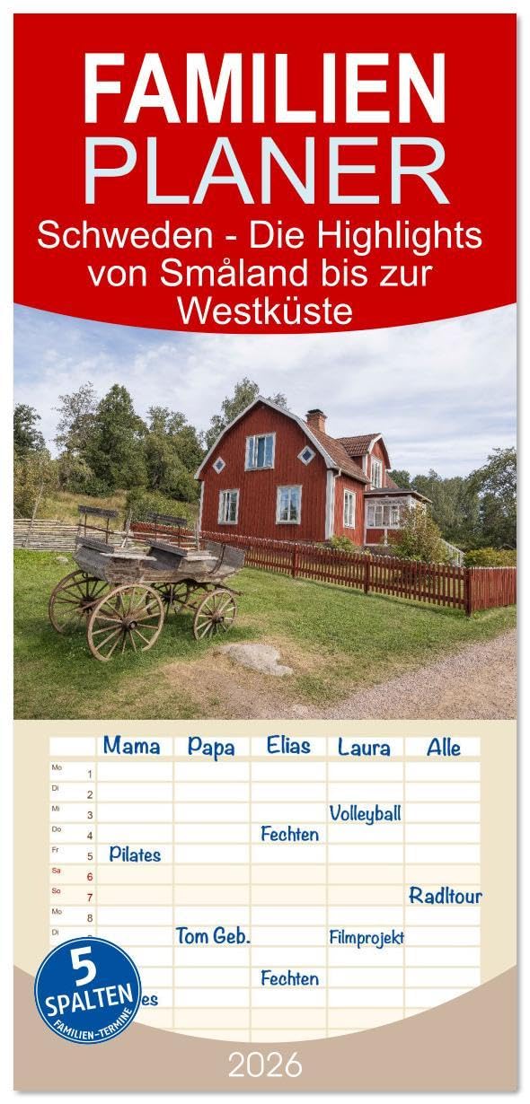 Familienplaner 2026 - Schweden - Die Highlights von Småland bis zur Westküste mit 5 Spalten (Wandkalender, 21 x 45 cm) CALVENDO: Die schönsten ... eine Reise durch Südschweden. (CALVENDO Orte) Leisure, Home & Garden