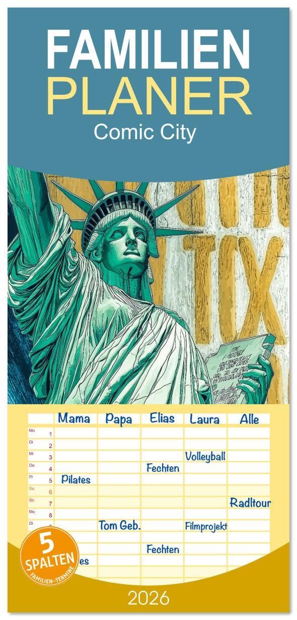 Familienplaner 2026 - Comic City mit 5 Spalten (Wandkalender, 21 x 45 cm) CALVENDO: Internationale Städte im Comic Style (CALVENDO Kunst) Film, Art & Culture