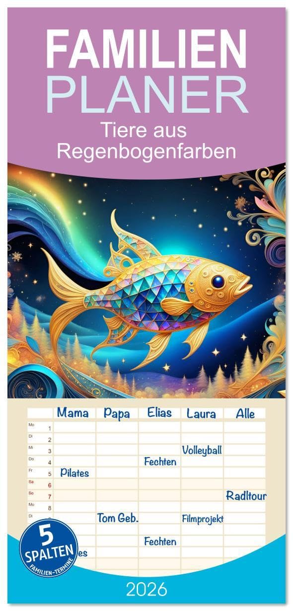 Familienplaner 2026 - Tiere aus Regenbogenfarben mit 5 Spalten (Wandkalender, 21 x 45 cm) CALVENDO: Ein ganzes Jahr farbenfrohe Tiere. (CALVENDO Tiere) Film, Art & Culture