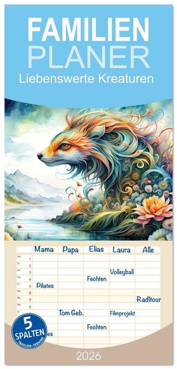 Familienplaner 2026 - Liebenswerte Kreaturen mit 5 Spalten (Wandkalender, 21 x 45 cm) CALVENDO: Welt der Naturkreaturen mit KI erstellt (CALVENDO Tiere) Film, Art & Culture