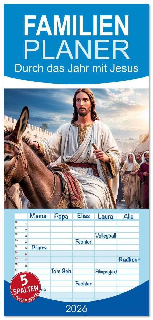 Familienplaner 2026 - Durch das Jahr mit Jesus mit 5 Spalten (Wandkalender, 21 x 45 cm) CALVENDO: KI generierte Bilder mit Stationen in Jesus leben. (CALVENDO Glaube) Photography