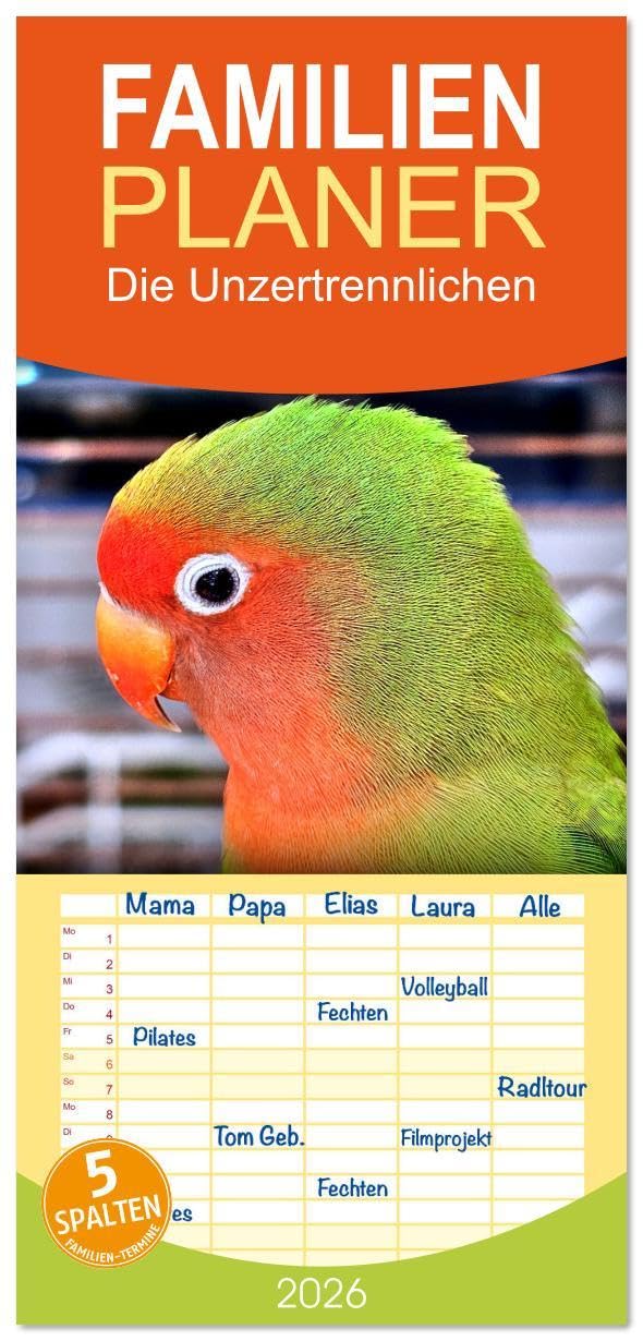 Familienplaner 2026 - Die Unzertrennlichen mit 5 Spalten (Wandkalender, 21 x 45 cm) CALVENDO: Afrikanische Papageien aus der Gattung der Unzertrennlichen (CALVENDO Tiere) Natural Sciences