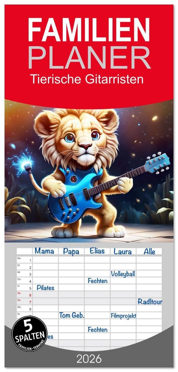 Familienplaner 2026 - Tierische Gitarristen mit 5 Spalten (Wandkalender, 21 x 45 cm) CALVENDO: Ein Jahr Tiere mit Gitarrenriffs und Akkorden, mit KI erstellt. (CALVENDO Tiere) Film, Art & Culture