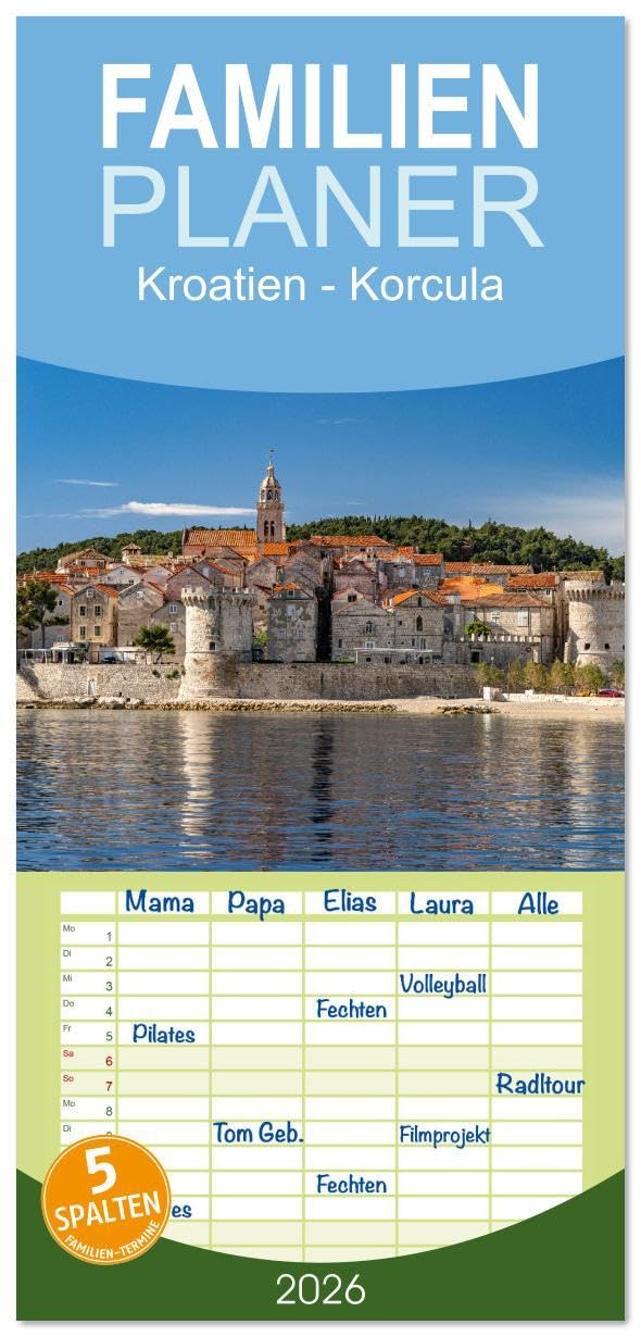 Familienplaner 2026 - Kroatien - Korcula mit 5 Spalten (Wandkalender, 21 x 45 cm) CALVENDO: 12 Monate mit der wunderbaren Inselhauptstadt Korcula in Kroatien (CALVENDO Orte) Leisure, Home & Garden