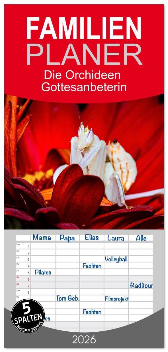 Familienplaner 2026 - Die Orchideen Gottesanbeterin mit 5 Spalten (Wandkalender, 21 x 45 cm) CALVENDO: Die faszinierende Welt der Orchideen Gottesanbeterin (CALVENDO Tiere) Natural Sciences