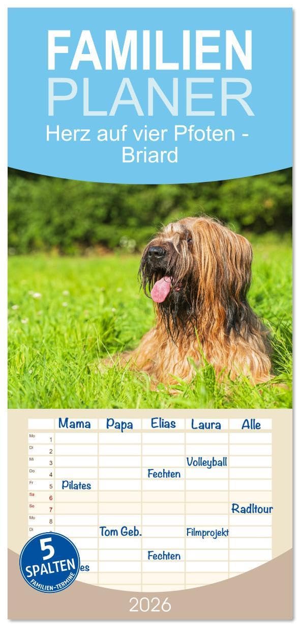 Familienplaner 2026 - Herz auf vier Pfoten - Briard mit 5 Spalten (Wandkalender, 21 x 45 cm) CALVENDO: Auf 13 traumhaft schönen Fotos zeigt die ... diese schöne Hunderasse (CALVENDO Tiere) Natural Sciences