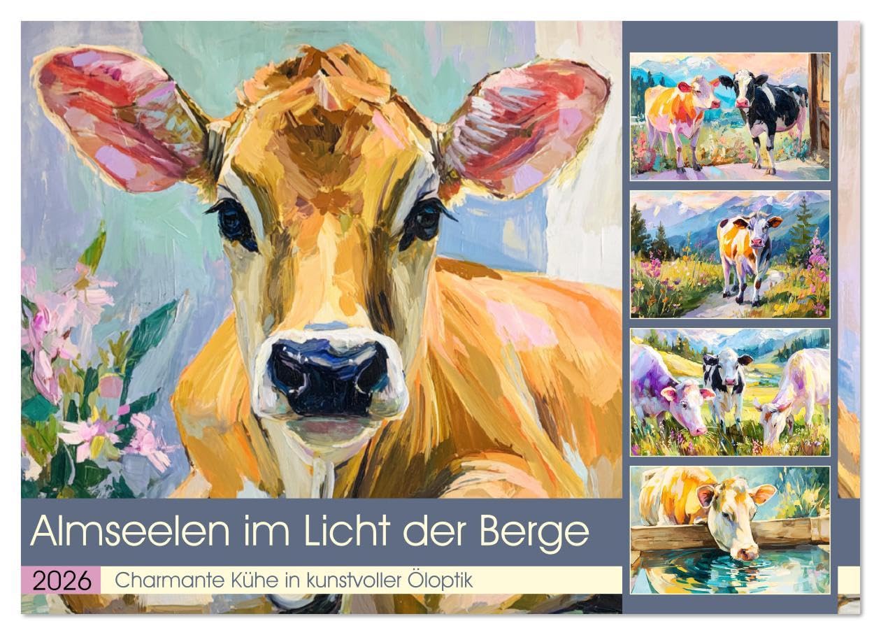 Almseelen im Licht der Berge. Charmante Kühe in kunstvoller Öloptik (Wandkalender 2026 DIN A2 quer), CALVENDO Monatskalender: Eine stille Hommage an ... in den Bergregionen (CALVENDO Tiere) Living & Furnishing