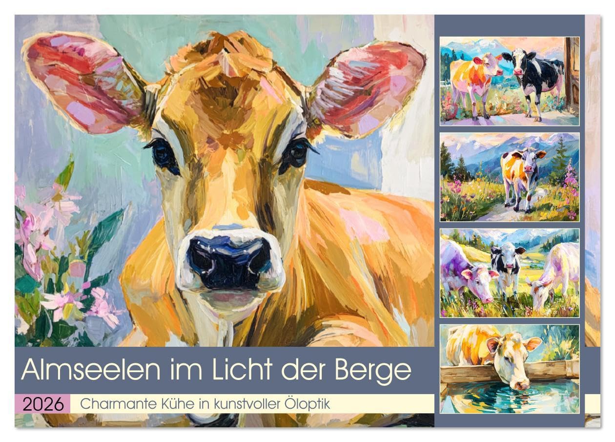 Almseelen im Licht der Berge. Charmante Kühe in kunstvoller Öloptik (Tischkalender 2026 DIN A5 quer), CALVENDO Monatskalender: Eine stille Hommage an ... in den Bergregionen (CALVENDO Tiere) Living & Furnishing