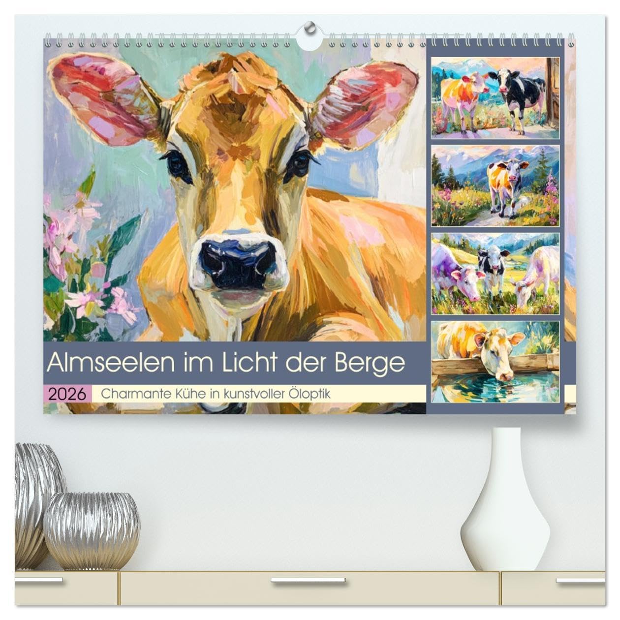 Almseelen im Licht der Berge. Charmante Kühe in kunstvoller Öloptik (hochwertiger Premium Wandkalender 2026 DIN A2 quer), Kunstdruck in Hochglanz: ... in den Bergregionen (CALVENDO Tiere) Living & Furnishing