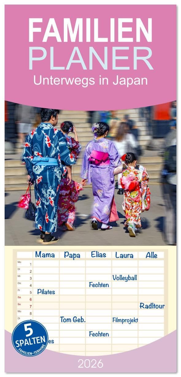 Familienplaner 2026 - Unterwegs in Japan mit 5 Spalten (Wandkalender, 21 x 45 cm) CALVENDO: Fotoreise durch die größte Insel Japans - Honshu. (CALVENDO Orte) Social Sciences