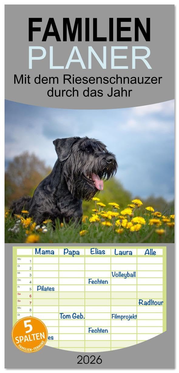 Familienplaner 2026 - Mit dem Riesenschnauzer durch das Jahr mit 5 Spalten (Wandkalender, 21 x 45 cm) CALVENDO: Riesenschnauzer - schwarz (CALVENDO Tiere) Natural Sciences