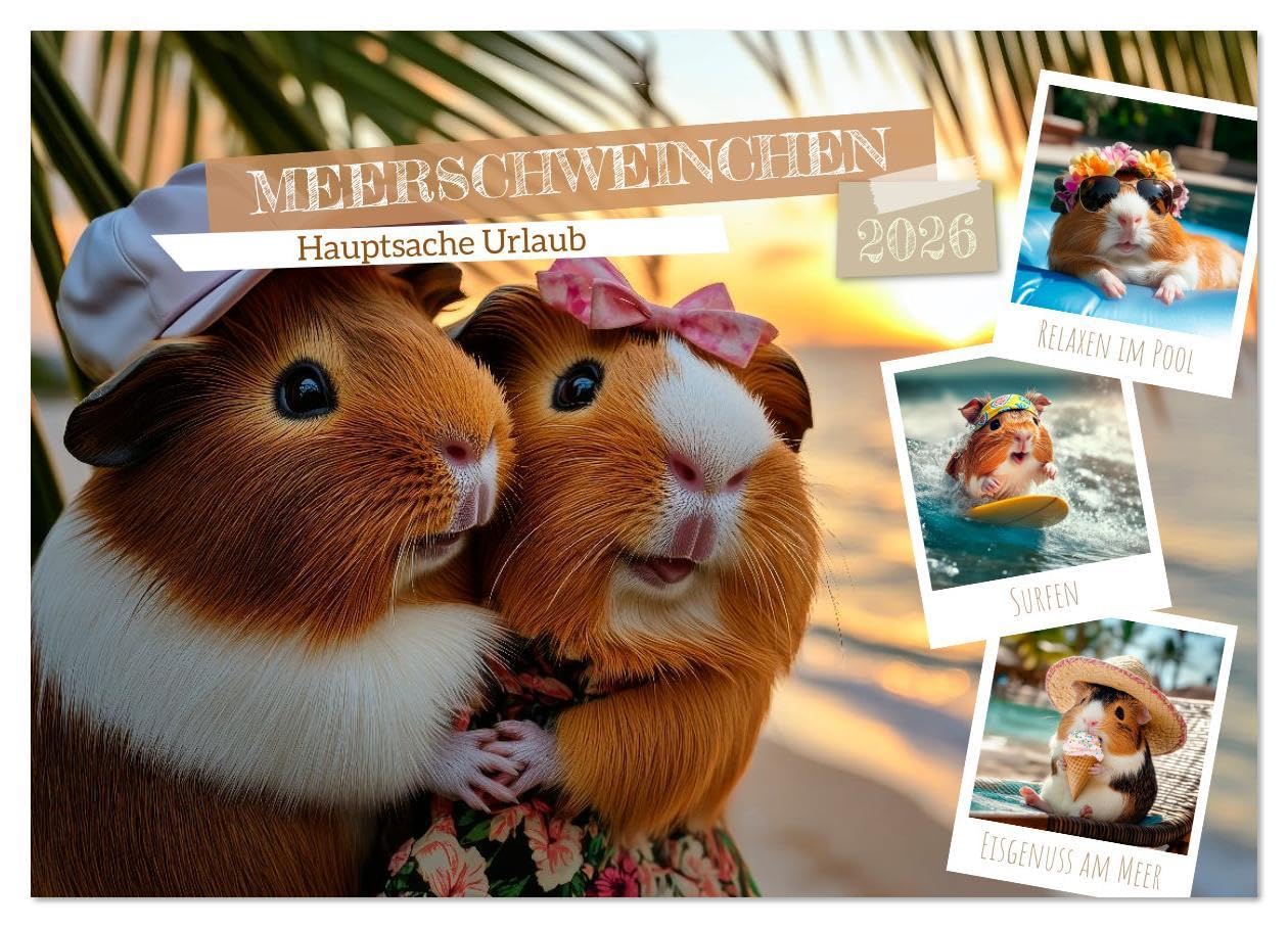 Meerschweinchen - Hauptsache Urlaub (Wandkalender 2026 DIN A2 quer), CALVENDO Monatskalender: Süße Nager auf Reisen (CALVENDO Tiere) Living & Furnishing