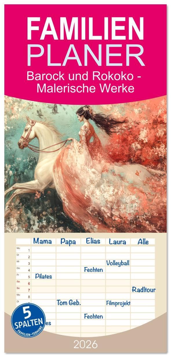 Familienplaner 2026 - Barock und Rokoko - Malerische Werke mit 5 Spalten (Wandkalender, 21 x 45 cm) CALVENDO: Romantische Opulenz und prächtige Gartenteiche (CALVENDO Kunst) Leisure, Home & Garden