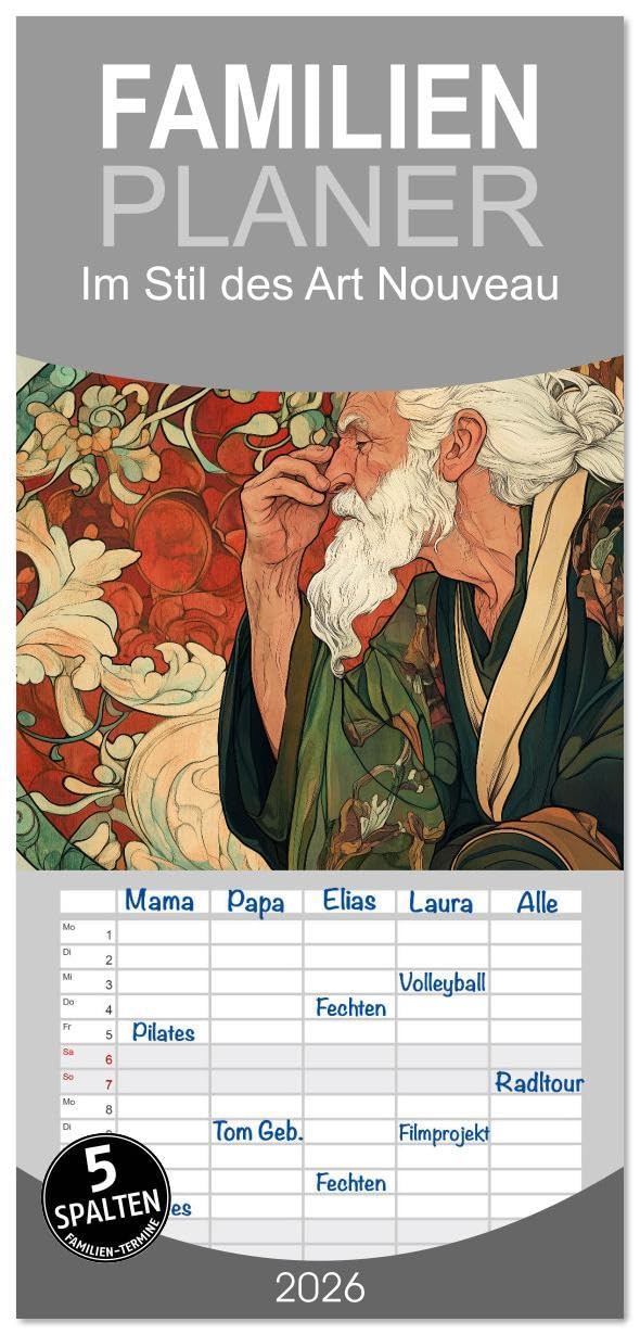 Familienplaner 2026 - Im Stil des Art Nouveau mit 5 Spalten (Wandkalender, 21 x 45 cm) CALVENDO: Die Lebensweise von Männern im Jugendstil war geprägt ... und Naturverbundenheit. (CALVENDO Menschen) Film, Art & Culture