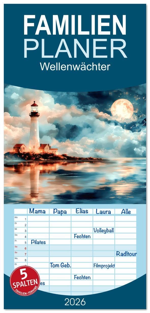 Familienplaner 2026 - Wellenwächter mit 5 Spalten (Wandkalender, 21 x 45 cm) CALVENDO: Farbenspiele der Leuchtturmwelt (CALVENDO Natur) Living & Furnishing