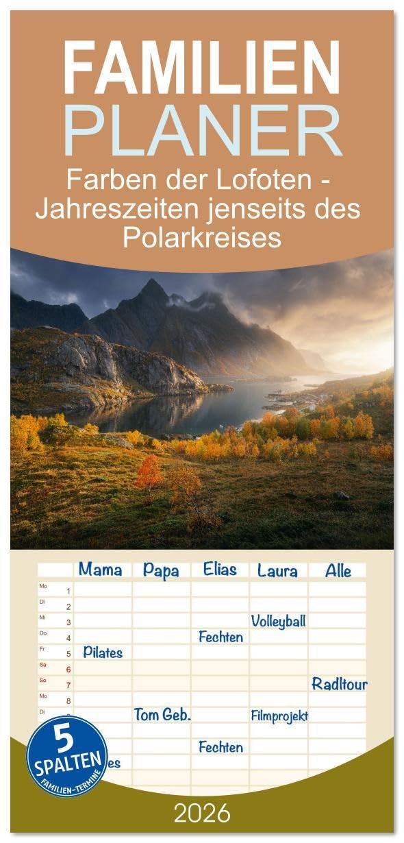 Familienplaner 2026 - Farben der Lofoten - Jahreszeiten jenseits des Polarkreises mit 5 Spalten (Wandkalender, 21 x 45 cm) CALVENDO: Reisen Sie durch ... der Inselgruppe der Lofoten! (CALVENDO Natur) Leisure, Home & Garden
