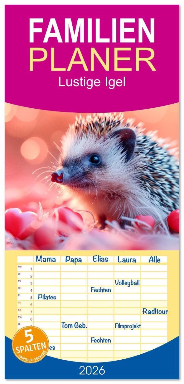 Familienplaner 2026 - Lustige Igel mit 5 Spalten (Wandkalender, 21 x 45 cm) CALVENDO: Erleben Sie die Magie dieser kleinen Igel und lassen Sie sich ... charmanten Art verzaubern. (CALVENDO Tiere) Film, Art & Culture
