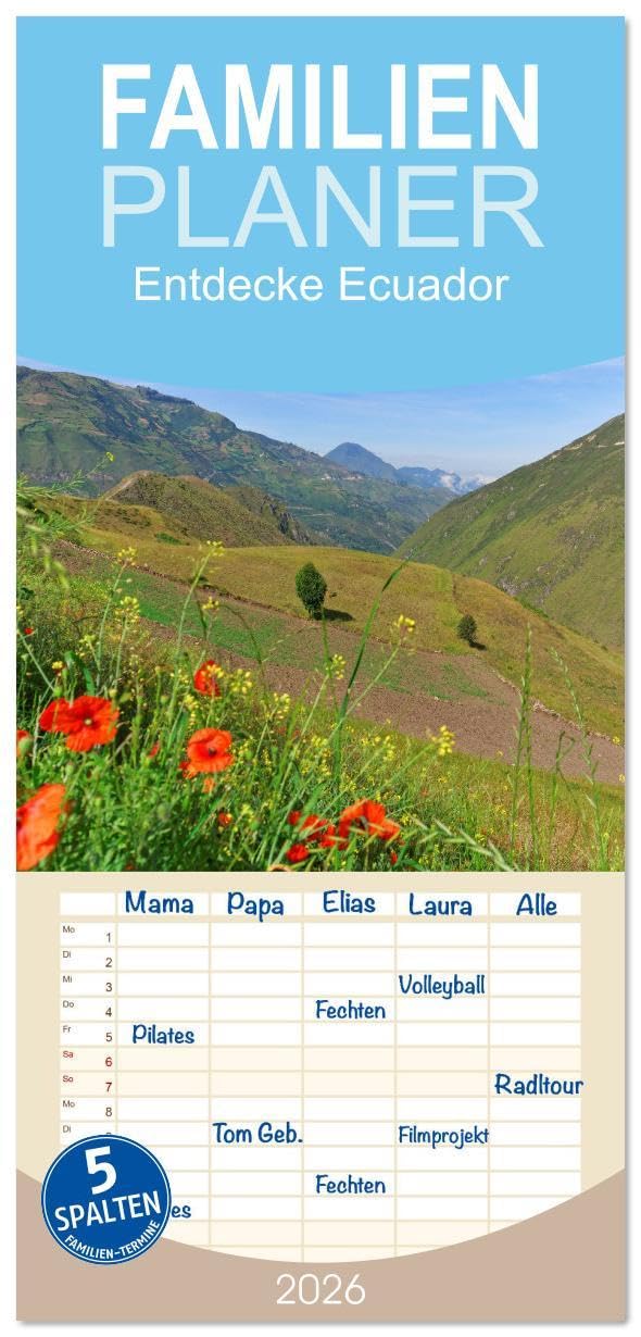 Familienplaner 2026 - Entdecke Ecuador mit 5 Spalten (Wandkalender, 21 x 45 cm) CALVENDO: Die Kontraste Ecuadors sind so faszinierend wie anziehend - ... sich leicht verlieben kann. (CALVENDO Orte) Leisure, Home & Garden