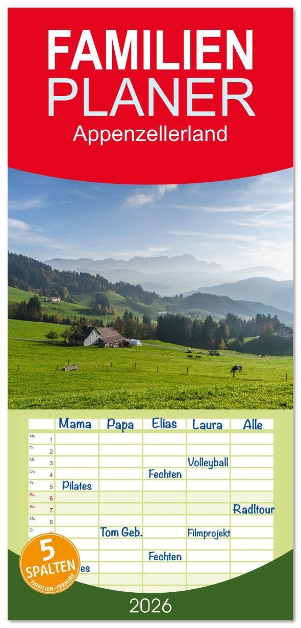 Familienplaner 2026 - Appenzellerland mit 5 Spalten (Wandkalender, 21 x 45 cm) CALVENDO: Impressionen aus der Ostschweiz (CALVENDO Orte) Leisure, Home & Garden