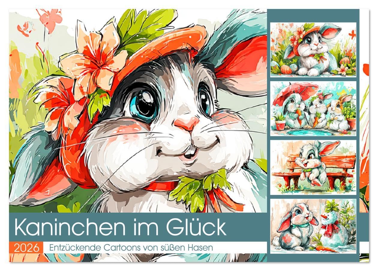 Kaninchen im Glück. Entzückende Cartoons von süßen Hasen (Tischkalender 2026 DIN A5 quer), CALVENDO Monatskalender: Zauberhafte Langohren für das ganze Jahr! (CALVENDO Tiere) Cartoons