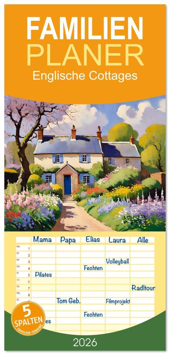 Familienplaner 2026 - Englische Cottages mit 5 Spalten (Wandkalender, 21 x 45 cm) CALVENDO: Der Traum vom idylischen Cottage in England (CALVENDO Orte) Film, Art & Culture