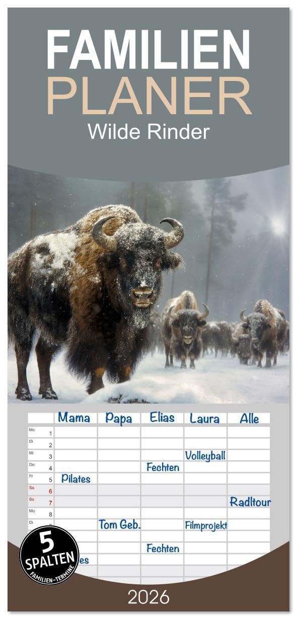 Familienplaner 2026 - Wilde Rinder mit 5 Spalten (Wandkalender, 21 x 45 cm) CALVENDO: KI-Gemälde imposanter Geschöpfe (CALVENDO Tiere) Lifestyle